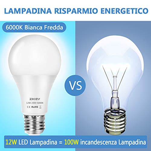 ZIKEY Lampadina LED E27, 12W Equivalenti a 100W, A65 Luce Bianca Fredd –