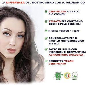 60ml. Bio Siero Viso con Acido Ialuronico Puro a 3 pesi Molecolari, Vitamina C e Noti Agenti Antirughe e Antietà. Biologico,Vegano,Idratante e Illuminante. Ideale anche Come Crema Contorno Occhi