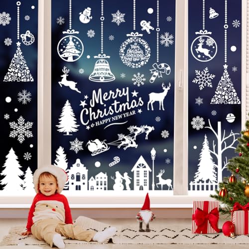 Vetrofanie Natalizie, 9 Fogli Adesivi Natalizi per Finestre Decorazioni Natalizie per Vetrine Negozio Grandi Albero Fiocco di Neve Riutilizzabili Vetrofanie Natale Addobbi Natalizi per la Casa Interno