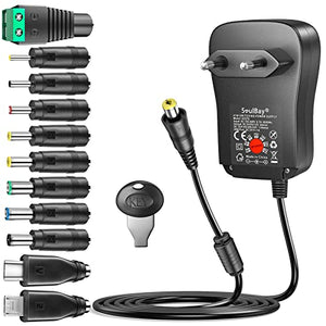 SoulBay 6V - 24V 41W Alimentatore Switching Universale per Caricabatterie CA/CC con punte CC da 11 pezzi, contiene spina USB-C per Elettronica Domestica e Strisce LED - 2000 mA max