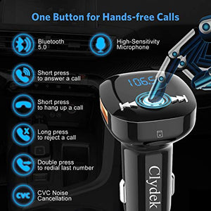 Trasmettitore FM Bluetooth, Clydek V5.0 Bluetooth Adattatore per Autoradio...