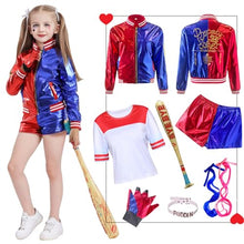 Carica l&#39;immagine nel visualizzatore di Gallery, Forfamy Costume Halloween Bambina, Harley Queen Cosplay Outfit con Gonfiabile Mazza da Baseball Giacca Maglietta Pantaloncini Guanto Collana e Parrucca per Carnevale Halloween (140)