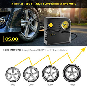 WindGallop Mini Compressore Portatile per Auto, 12V Professionale, Analogico, Pompa Aria con Manometro per Pneumatici e Adattatori per Valvole (Giallo)