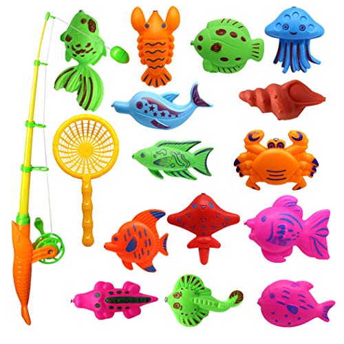 FunPa Gioco della Pesca, 16Pezzi Canne da Pesca Giocattolo, Multicolor
