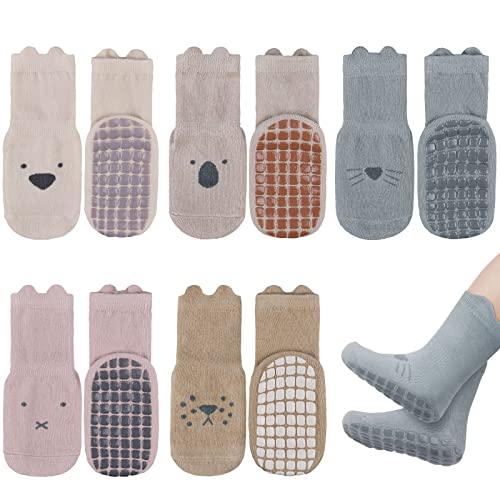 Vicloon Calzini Antiscivolo In Cotone Per Bambini – 5 Paia Con Motivi Animali – Taglie 0-5 Anni