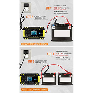 URAQT Caricabatteria Auto, 12V/24V 8A Multi Protezioni Caricatore Giallo