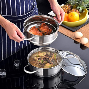Velaze, Miki, 14 Pezzi, Set di Pentole Induzione da Cucina, Batteria Pentole Chef Casseruola in Acciaio Inox Cromato Coperchio in Vetro Temperato Padelle Antiaderente per Piastre a Induzione Argento