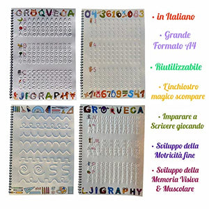 GROOVE Calligraphy 4 Quaderni Riutilizzabili, A4 con Scanalature Premium, Alfabeto, Corsivo, Numeri, Disegni+2 Penne Magiche+10 Inchiostro+2 Correttori di Postura delle Dita