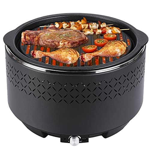 Barbecue a Carbone, Barbecue a Carbonella Senza Fumo, Grill da Tavolo, Barbecue Portatile Ø 34 x 22 cm, con Ventilatore Incorporato, Porta USB e Borsa per Il Trasporto, per Balcone, Campeggio, Picnic