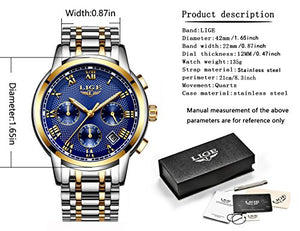 LIGE Orologi Uomo Sportivo Cronografo Impermeabile Analogico al Blue Gold - Ilgrandebazar
