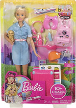 Carica l&#39;immagine nel visualizzatore di Gallery, Barbie Set da Viaggio - Bambola con Valigia Apribile e Cucciolo - Abito di Jeans - Adesivi - 10+ Accessori - Regalo per Bambini 3+ Anni, FWV25