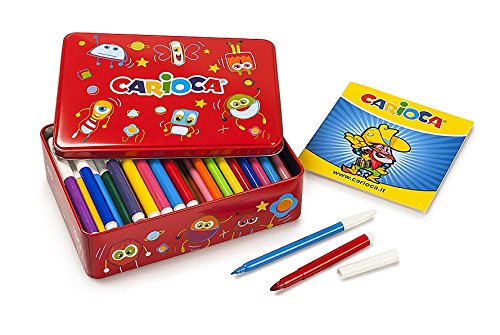 CARIOCA BOX | Scatola Latta Verde Pennarelli Superlavabili Punta Fine e Rosso - Ilgrandebazar