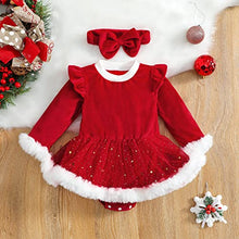 Carica l&#39;immagine nel visualizzatore di Gallery, Geagodelia 2 Pezzi Completo Neonata di Natale Tutina Baby Girls Abito Rosso con Manica Lunga+ Fascia con Fiocco Abito Natalizio per Bambina 0-24 Mesi (Rosso A, 6-12 Mesi)