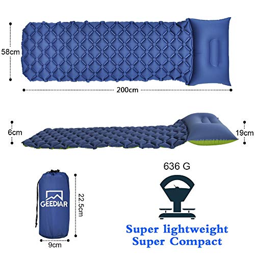 Materassino Gonfiabile Da Campeggio Leggero - 190x56x6 Cm, Peso 0.5kg - Con Cuscino - Per Trekking, Spiaggia, Viaggi - Foto 4