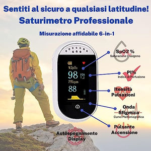 PulsoMedical Saturimetro da Dito Professionale Certificato CE, Pulsossimetro Ossimetro 4 Pile AAA OMAGGIO, Saturazione Ossigeno Sp02, Frequenza, Battito Cardiaco, Indice di Perfusione