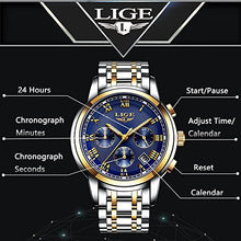 Carica l&#39;immagine nel visualizzatore di Gallery, LIGE Orologi Uomo Sportivo Cronografo Impermeabile Analogico al Blue Gold - Ilgrandebazar