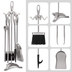 Set di Strumenti per Caminetti 5 Pezzi in Argento Porta Attrezzi, Silver - Ilgrandebazar