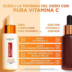L'Oréal Paris Siero Viso 12% Pura Vitamina C, Per Pelle Più Luminosa e Pori Meno Visibili, Revitalift Clinical, 30 ml