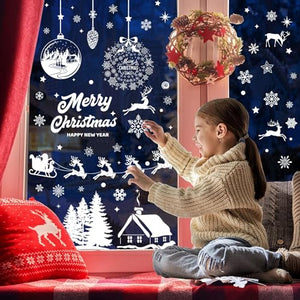 Aonveki Vetrofanie Natalizie per Finestre, 11 Fogli Adesivi Natalizi per Finestre, Natale Vetrofanie Addobbi Natale Adesivi Rimovibile, Vetrofanie Fiocchi di Neve e Alci per Decorazioni Natalizie