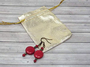 Orecchini rossi stile Zen in bronzo antico e perle piatte turchese...