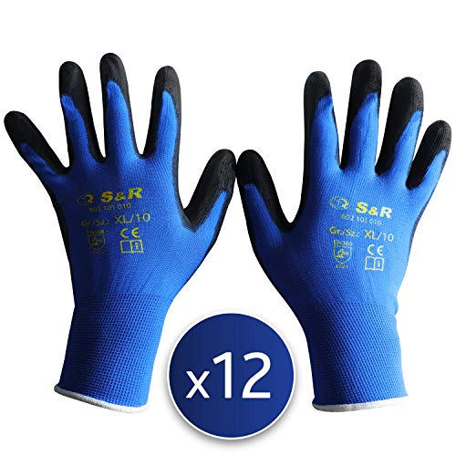 S&R 12 x Guanti da Lavoro 12 Paia in poliestere con rivestimento PU. L/10