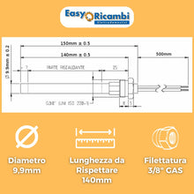 Carica l&#39;immagine nel visualizzatore di Gallery, Easyricambi - Candeletta Accensione Stufa Pellet 280W, Diametro 9,9mm e Lunghezza 140mm (150mm Totali) Filettatura 3/8&quot; Gas, Resistenza per Riscaldamento Rapido, Ricambio per Modelli Adler, Piazzetta