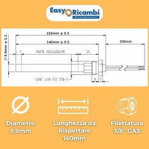 Easyricambi - Candeletta Accensione Stufa Pellet 280W, Diametro 9,9mm e Lunghezza 140mm (150mm Totali) Filettatura 3/8" Gas, Resistenza per Riscaldamento Rapido, Ricambio per Modelli Adler, Piazzetta