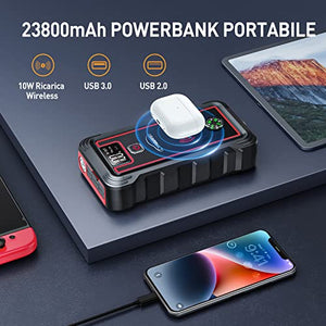 YABER Avviatore Batteria Auto, 3500A 23800mAh Avviatore Emergenza per Auto (Adatto a Tutti i Veicoli a Benzina o 8.0L Diesel), 10W Caricatore Wireless con Torcia LED, USB C