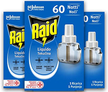 Carica l'immagine nel visualizzatore di Gallery, Raid Liquido Elettrico tripla ricarica, efficace contro Zanzare Tigre e Zanzare Comuni 60 Notti, 3 Confezioni da 36 ml