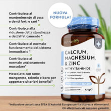 Carica l&#39;immagine nel visualizzatore di Gallery, Calcio Magnesio Zinco e Vitamina D3 – 365 Compresse Vegetariane – Integratore di Calcio ad Alto Dosaggio – Fornitura per 6 Mesi di Integratore per le Ossa– Prodotto nel Regno Unito da Nutravita