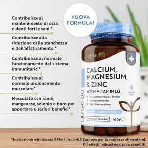 Calcio Magnesio Zinco e Vitamina D3 – 365 Compresse Vegetariane – Integratore di Calcio ad Alto Dosaggio – Fornitura per 6 Mesi di Integratore per le Ossa– Prodotto nel Regno Unito da Nutravita