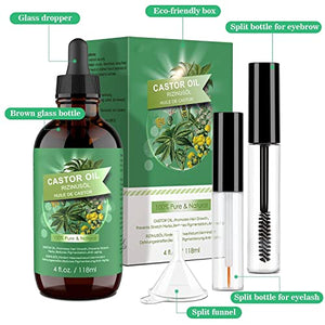 Olio di Ricino Puro 100% - 118ml Castor Oil Spremuto a Freddo Stimola la Crescita dei Capelli, Ciglia e Sopracciglia, Cura della Barba, Unghie, Corpo e Viso - Bottiglia di Vetro con Pennelli e Pipetta