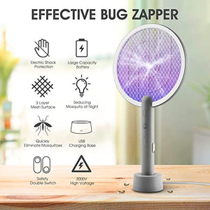Racchetta Zanzare Elettrica, Mosiller 2 in 1 Scacciamosche Elettrico E 3000V Scacciamosche Da con USB Base Di Ricarica, Insetti Scacciamosche Portatile e Lampada UV per Casa, Cucina, Interni E Estern