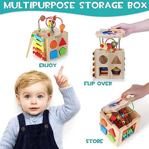HELLOWOOD Cubo di Abilità Motorie in Legno per Bambini 8 in 1 Giocattoli di Impilabile Smistamento Giocattoli di Apprendimento Montessori per Ragazzi e Ragazze di 1 2 3 Anni