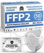 Carica l'immagine nel visualizzatore di Gallery, ADESTE - 50 Mascherine FFP2 Bianche Certificate CE, filiera controllata, anallergiche, con elastici comodi e resistenti. Sicura: capacità filtrante >99,5%, Buste singole sigillate.