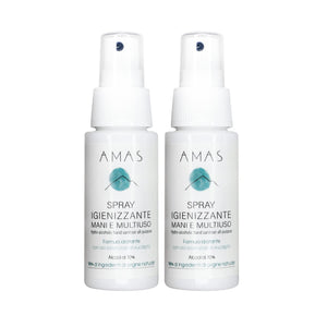 2 flaconi 50ml Spray Igienizzante Multiuso AMAS - Per Mani, Superfici e Tessuti - 98% Origine Naturale - 70% Alcool - Idratante, Emolliente, Dermoprotettivo - Con Olio Essenziale di Eucalipto