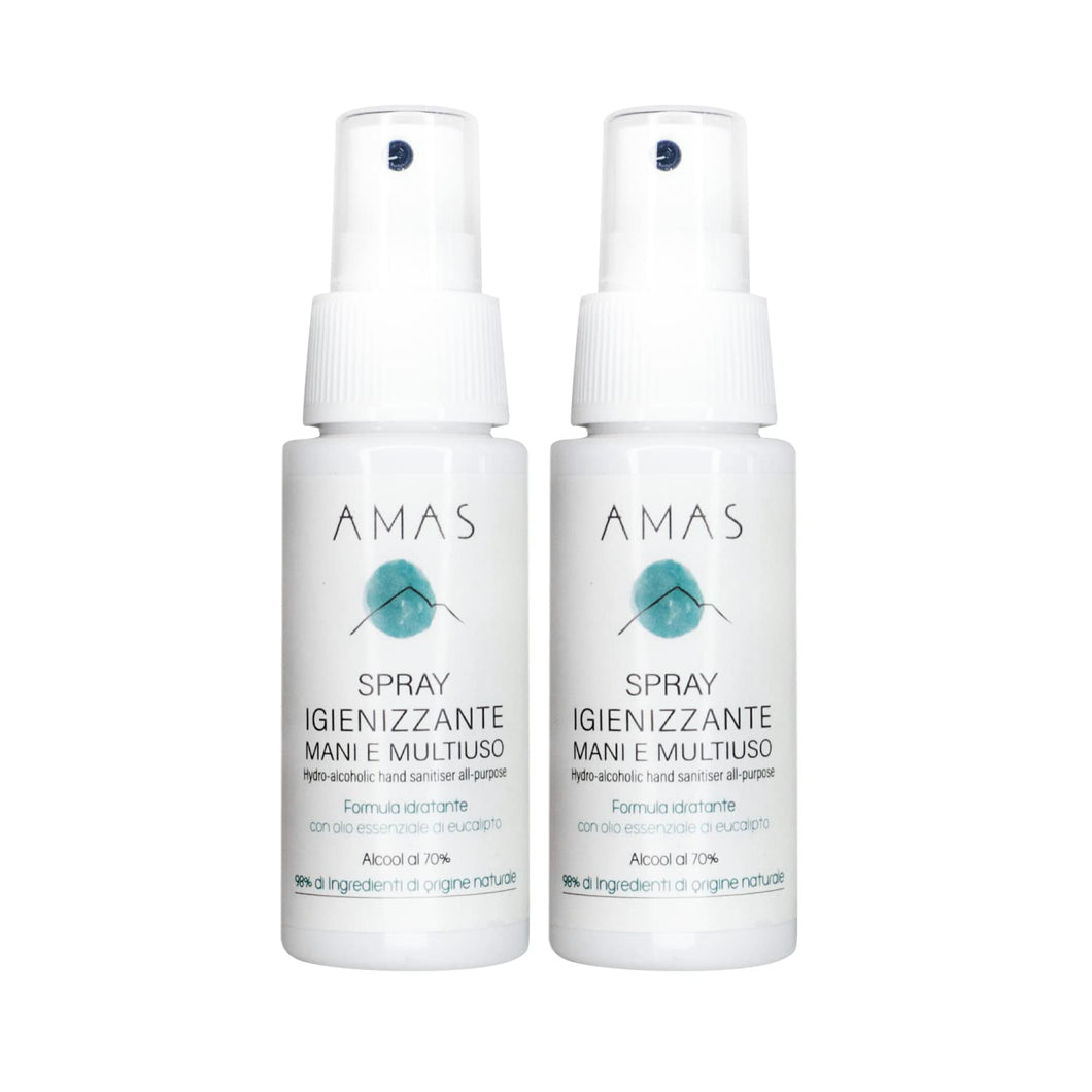 2 flaconi 50ml Spray Igienizzante Multiuso AMAS - Per Mani, Superfici e Tessuti - 98% Origine Naturale - 70% Alcool - Idratante, Emolliente, Dermoprotettivo - Con Olio Essenziale di Eucalipto