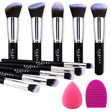 Carica l'immagine nel visualizzatore di Gallery, BEAKEY set di pennelli trucco Premium synthetic Kabuki fondazione cipria fard, ombretto, pennelli per trucco, kit con spugnetta e Brush Egg (10 + 2 pezzi, nero/argento)