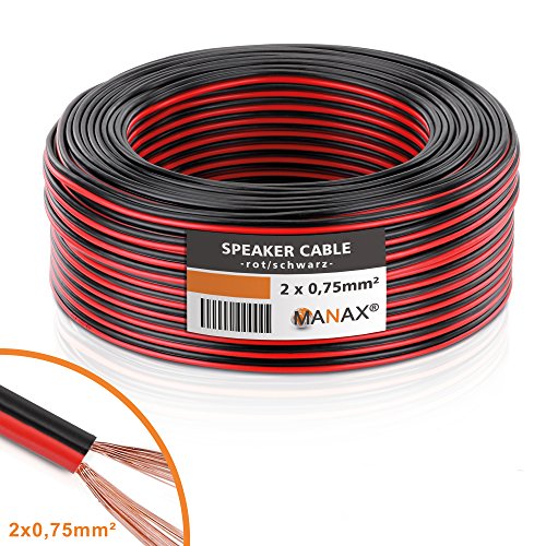 MANAX – Cavo per altoparlante Box cavo 2 x 30m 0,75mm² - 2 Ringe, rosso/nero