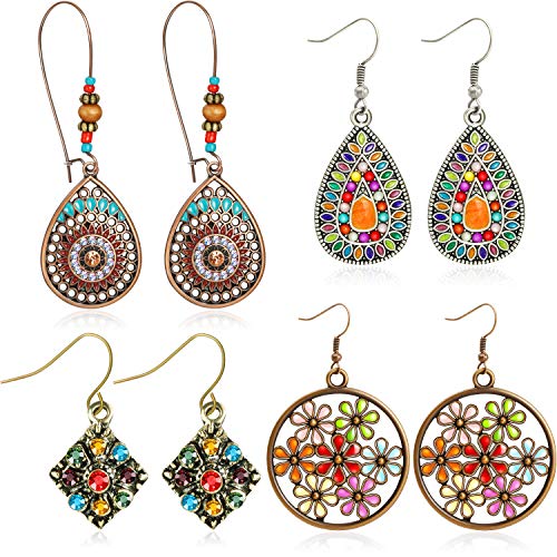 4 Paia Orecchini Pendenti Vintage Bohémien con Strass Retrò... - Ilgrandebazar