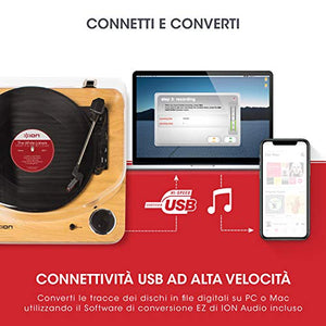 ION Audio Max LP - Giradischi Vinili a tre velocità con Casse, Legno Chiaro