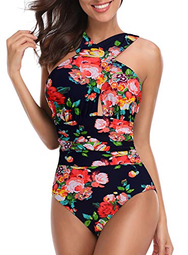 Aottori Costume Intero Donna Girocollo Costumi Da Bagno Interi Un Pezzo Push Up Monokini Con Controllo Della Pancia Swimwear Mare Sexy Curvy Taglie Forti Verde Fiore L 120281711