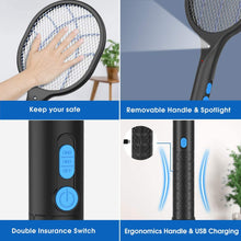 Carica l'immagine nel visualizzatore di Gallery, Racchetta Zanzare Elettrica Ricaricabile 2 in 1, 3800V Swatter Insetti Elettrico 5 Strati Protezione Maglia, 3 LED Trappola per Zanzare, con Manico Staccabile per Uso Esterno Interno Nero