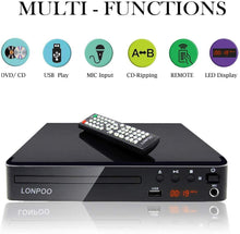 Carica l&#39;immagine nel visualizzatore di Gallery, LONPOO Lettore DVD Compatto 1~6 Regione Libera (Porto HDMI, USB, RCA, MIC, LED Display con Telecomando, cavo HDMI&amp; AV incluso) - Nero