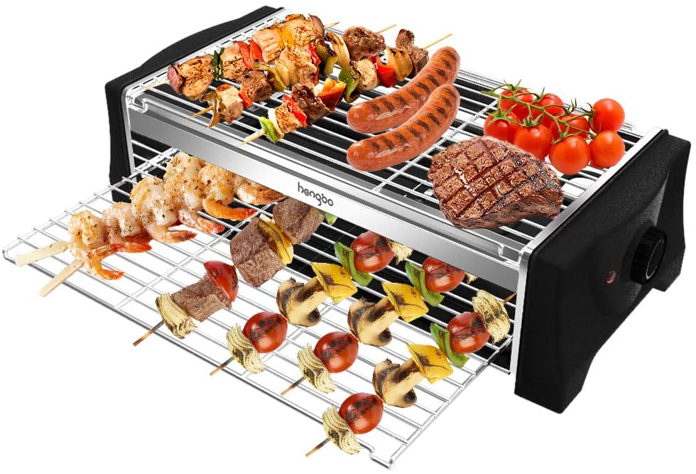 HengBO Griglia Elettrica BBQ Senza Fumo, Barbecue da Tavolo Piastra Grill Elettrico Doppio Strato con Vassoio Raccogli Olio per Party Riunione di Famiglia in Balcone e Giardino per 6 Persone - 2000W
