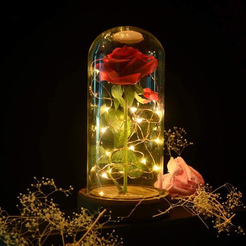 shirylzee La Bella e La Bestia Rosa Eterna Luce di Vetro Rosa Cupola Luce a LED Fiore Artificiale Seta Rossa con Base Legno Lampada Decorazioni Regalo per Anniversario San Valentino Compleanno