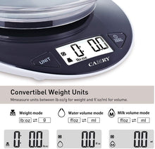Carica l'immagine nel visualizzatore di Gallery, CAMRY Bilancia da cucina digitale Bilancia elettronica per alimenti con ciotola rimovibile Ampio display LCD Interruttore a pulsante Precisione 1g Capacità 5 kg/11 lb (Nero)