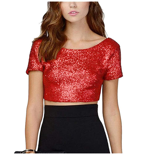 keland - Maglietta da Donna, Sexy, con Paillettes, Scollo a V XL, Rosso - Ilgrandebazar