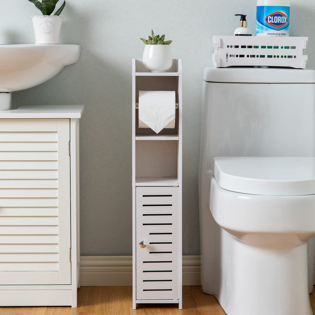AOJEZOR Porta carta igienica, Colonnina con portarotolo, Piantana portarotolo e portascopino 2 in 1, Mobile Bagno, Bianco Realizzato (Bianco), PVC