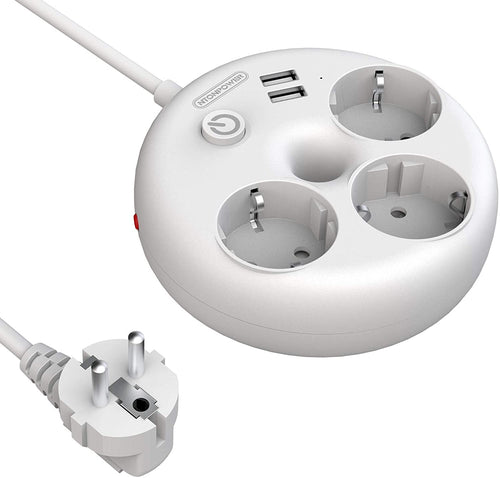 Presa multipla da muro, Sovratensione Ciabatta NTONPOWER Bagel Multipresa 3 shuko prese con 2 USB per cavo 1,5 metri con interruttore e indicatore e per Soggiorno, Ufficio, Viaggio – Bianco